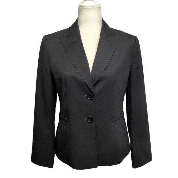 Charcoal Pinstriped Career Pantsuit Peak Lapel High Waist Size 8P Petite Le Suit - Picture 5 of 14